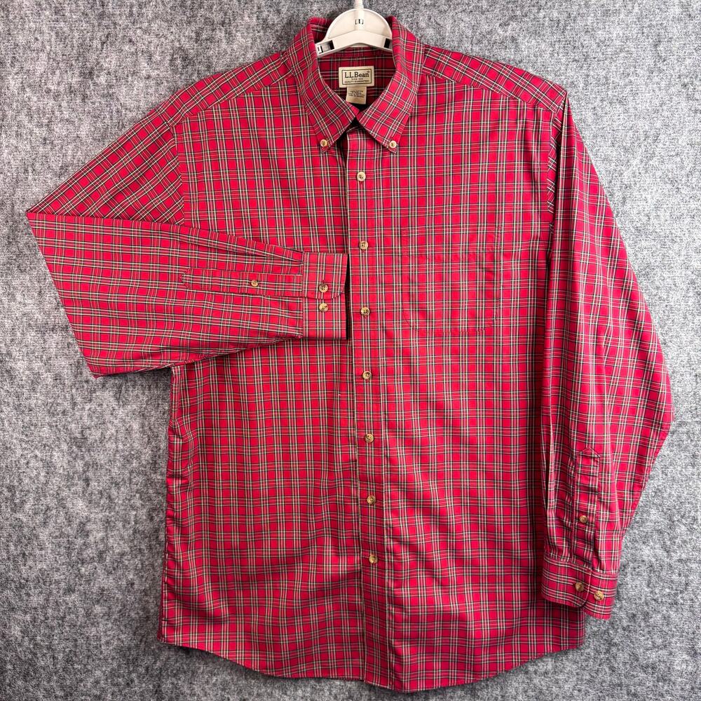 L.L. Bean Men's Large Tall Red Plaid Button-Down Shirt 100% Cotton Large